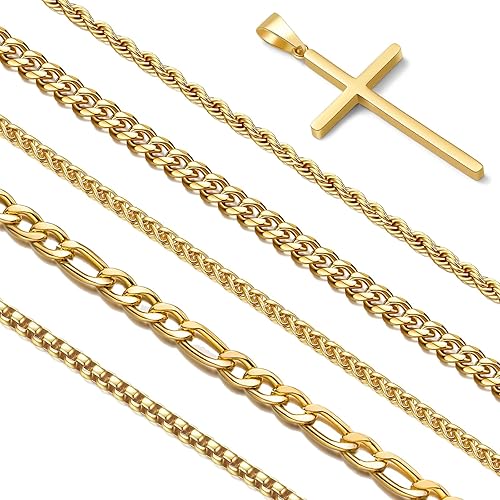 Stackable Gold/Silver Chain for Men, 6/7 Pcs Stainless Steel Cross Chain Mens Necklace Jewelry Set for Men, 5/6 Chains + 1 Cross Pendant