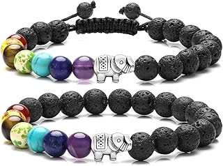 سوار خرز للرجال والنساء من توب بلازا للازواج عن بعد بحلية على شكل فيل و7 احجار شاكرا وحجر لافا وكريستالات علاجية لليوجا والتخلص القلق مناسب كهدية حجر كريستال معدن