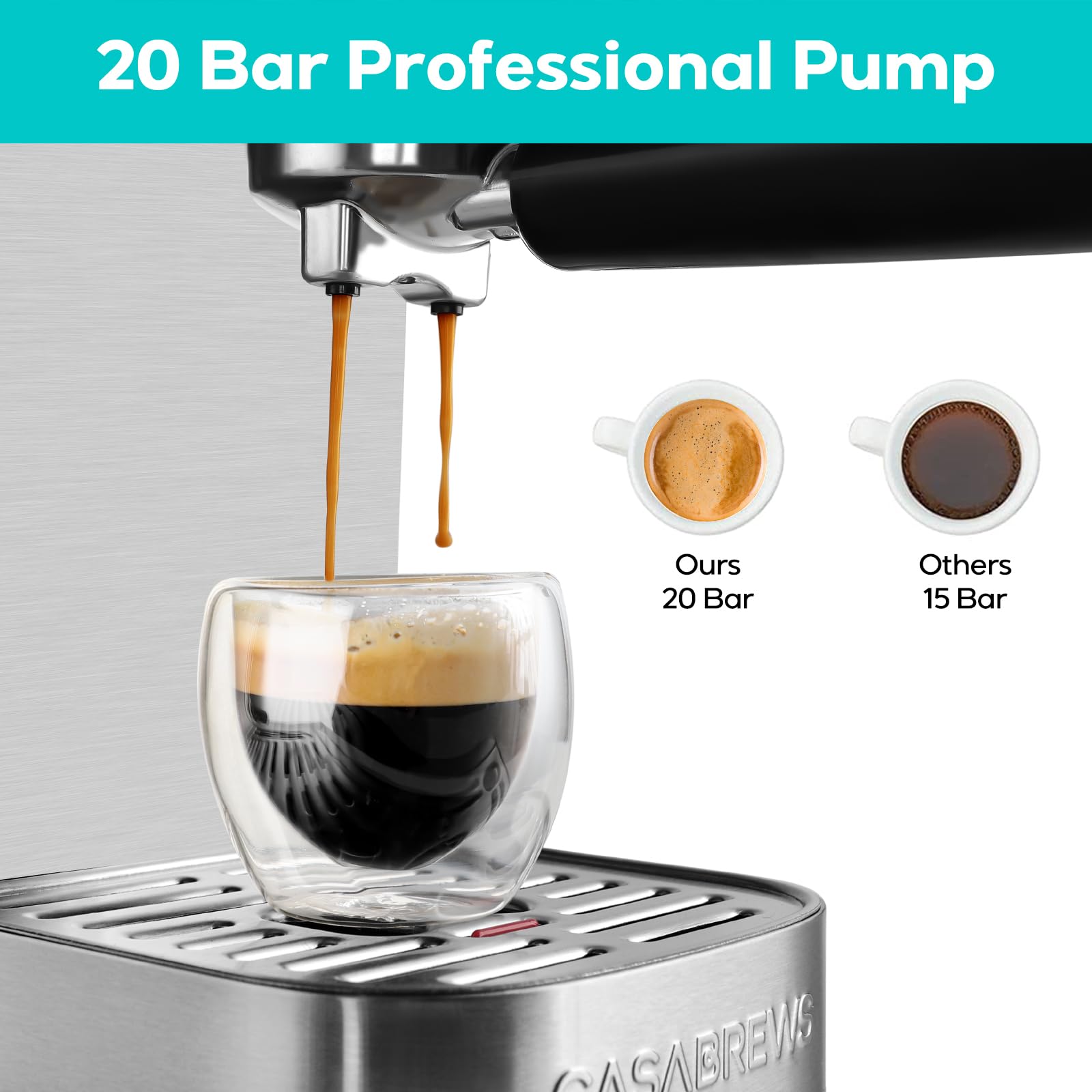CASABREWS Espresso Machine 20 Bar, Stainless Steel Coffee Maker with Milk Frother Steam Wand for Cappuccino, Latte, 43.9oz Water Tank, Dark Silver