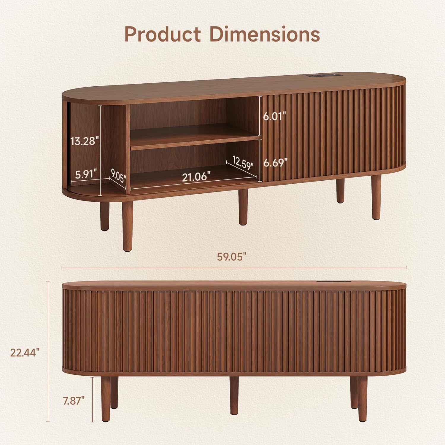 ONBRILL 59" TV Stand for 65" TV with Power Outlet, Entertainment Center with Solid Wood Leg, Fluted TV Console with Adjustable Shelf & Sliding Door, Mid-Century Modern TV Stand for Living Room, Walnut