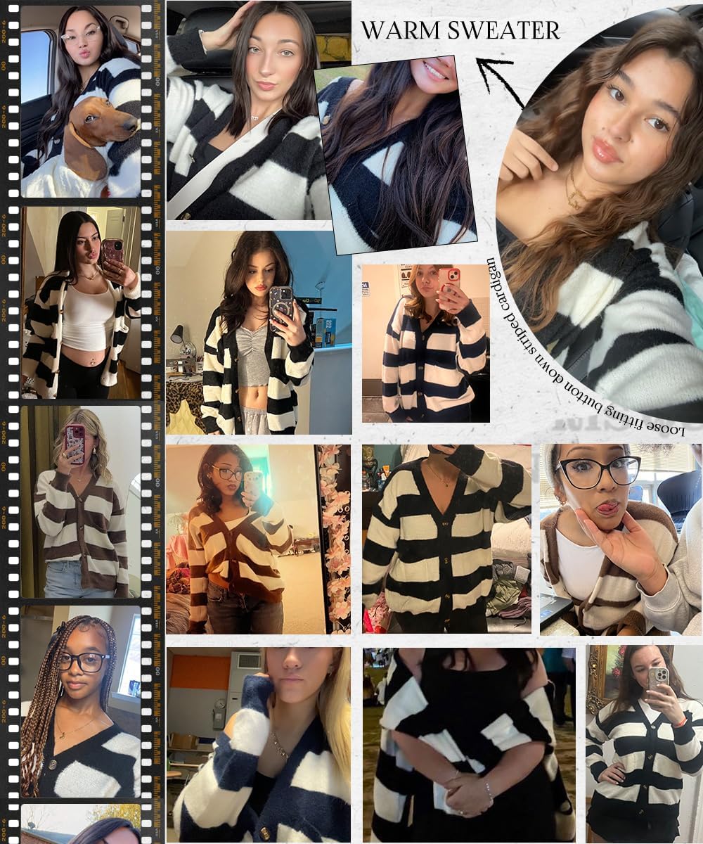 Button Up Cardigans for Women Chunky Knit Striped Long Sleeve Cardigan with Pockets Dressy Casual - Image 7