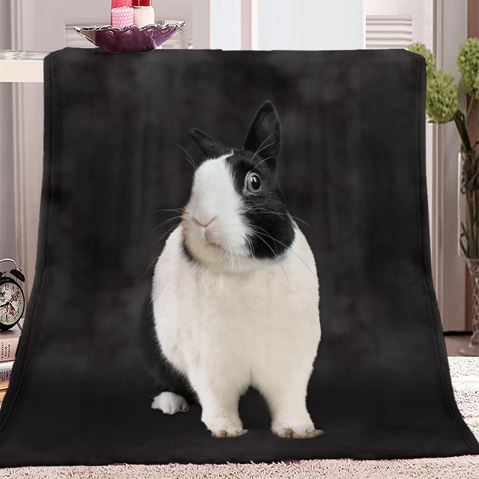 Cozyrest Animal Black And White Dutch Rabbit 4 Sherpa Fleece Blanket For Children Adults, Animal Black And White Dutch Rabbit Throw Blanket Plush Flannel Fluffy Soft Warm Bed Blanket Washable For Bed Sofa And Couch, 100X130 Cm