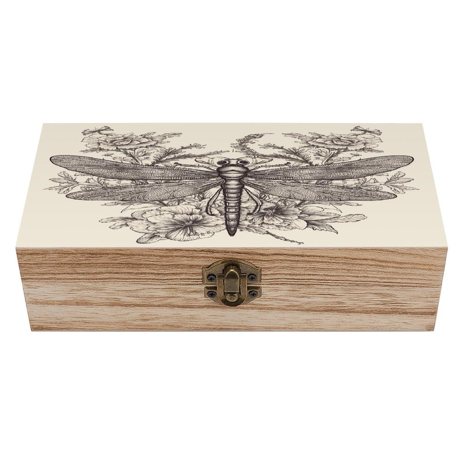 VstaDank Hand Drawn Floral Dragonfly Wooden Storage Box Decorative Jewelry Case with Lids Exquisite Wood Box Letters Gifts Acacia Wood Boxes Fashion Wooden Keepsake Boxes for Men Women