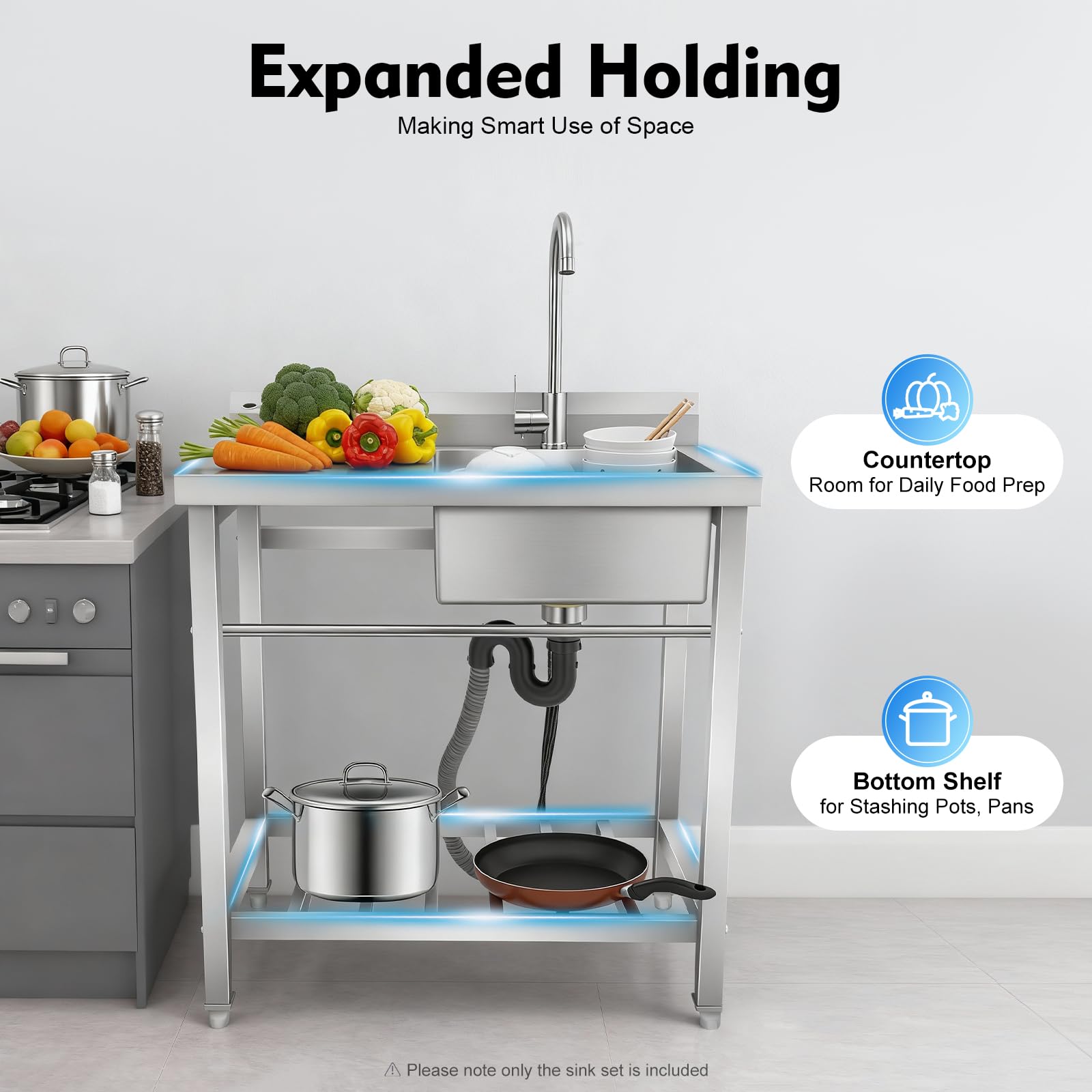 Évier de cuisine indépendant en acier inoxydable avec plan de travail 1 bac, évier de cuisine avec robinet, capacité de charge 220.46lbs