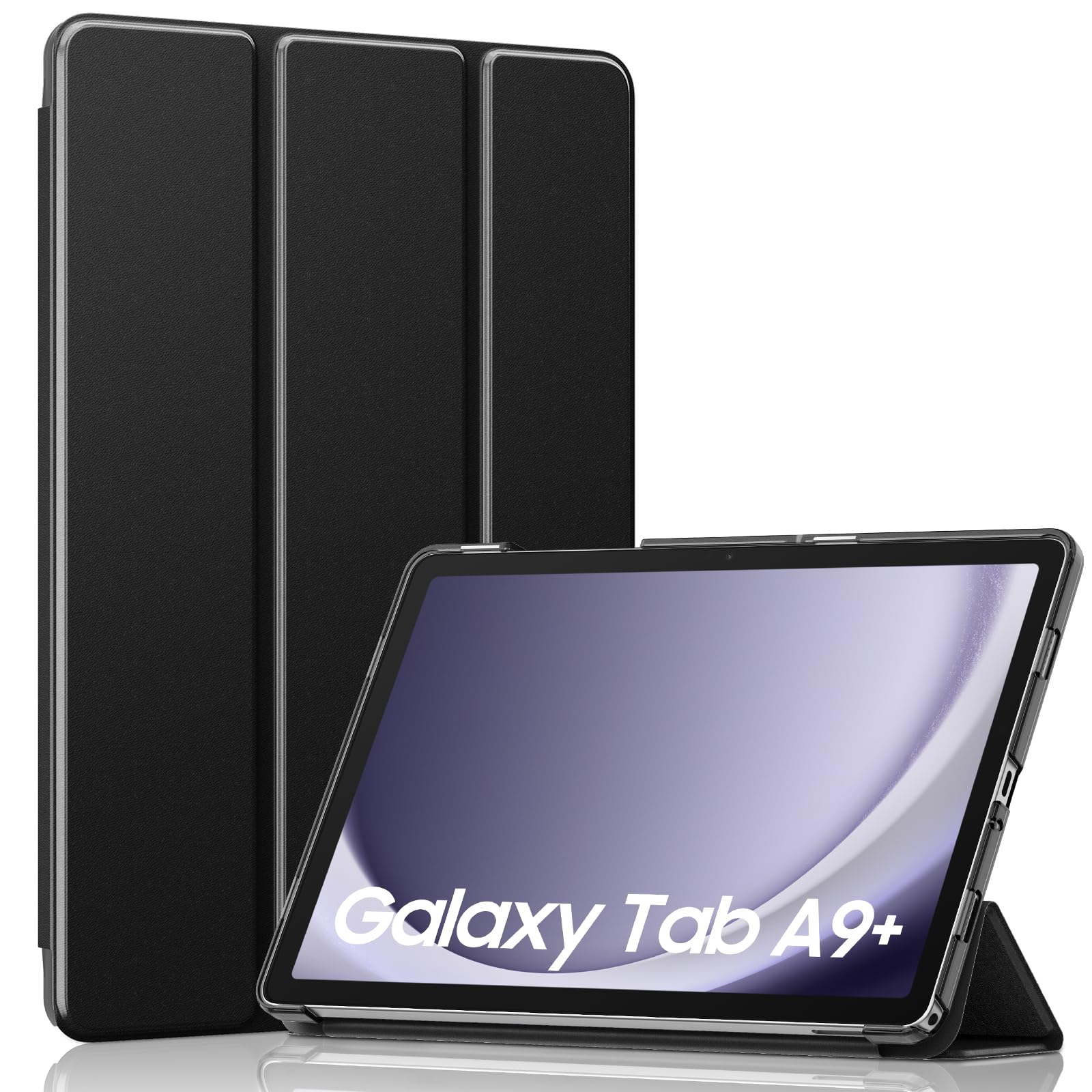 MoKo Trifold Case for Galaxy Tab A9 Plus/A9+ 11 Inch 2023, Black | Slim Stand Hard PC Translucent Back Shell Smart Cover, Auto Sleep/Wake, Light, Anti-scratch, 2 Adjustable Angle