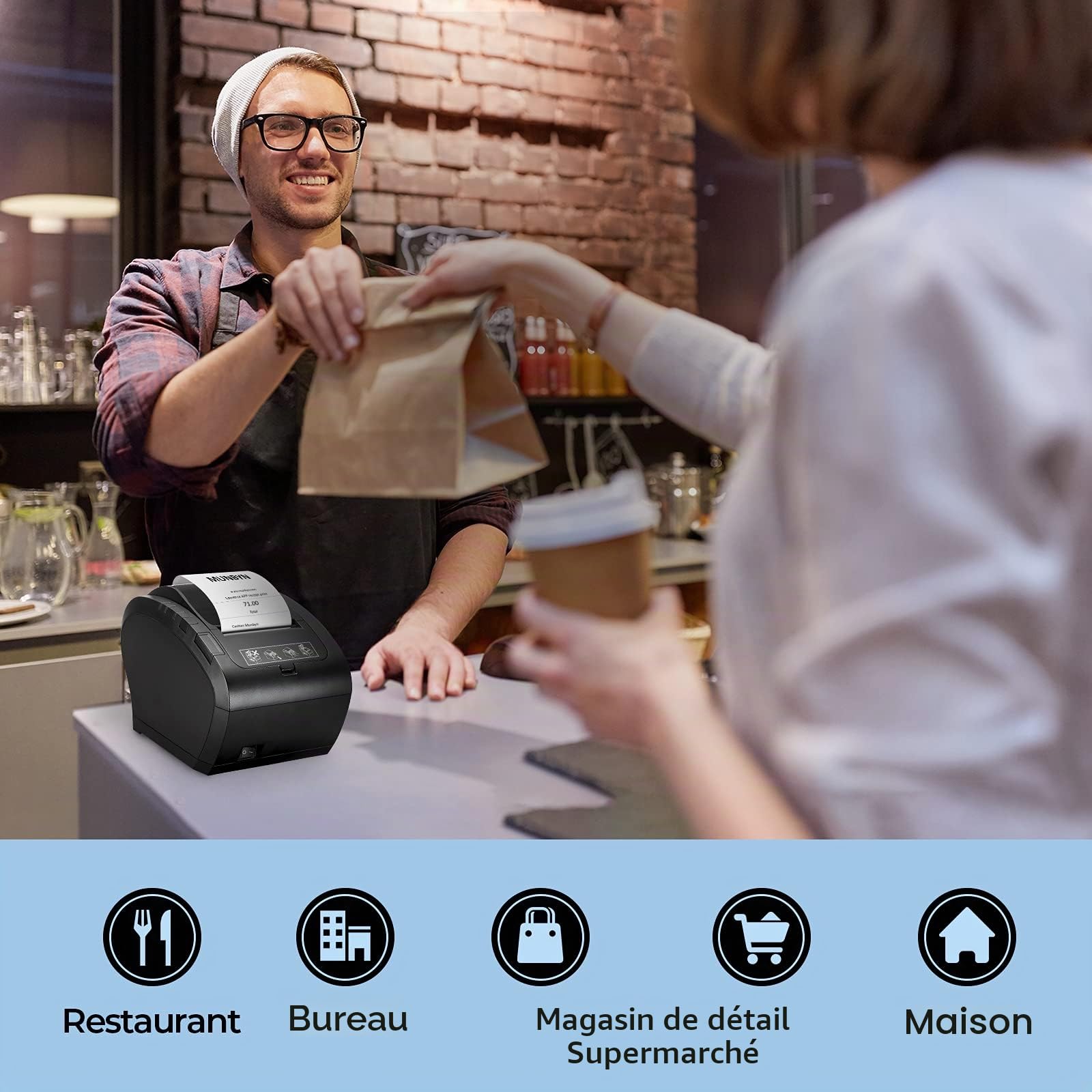 MUNBYN WiFi Imprimante de Reçus Thermique 80mm, Imprimante Ticket de Caisse USB Ethernet pour Cuisine, Supermarché avec Support de Coupe Automatique pour Windows/Mac/Linux, Command ESC/POS, Noir