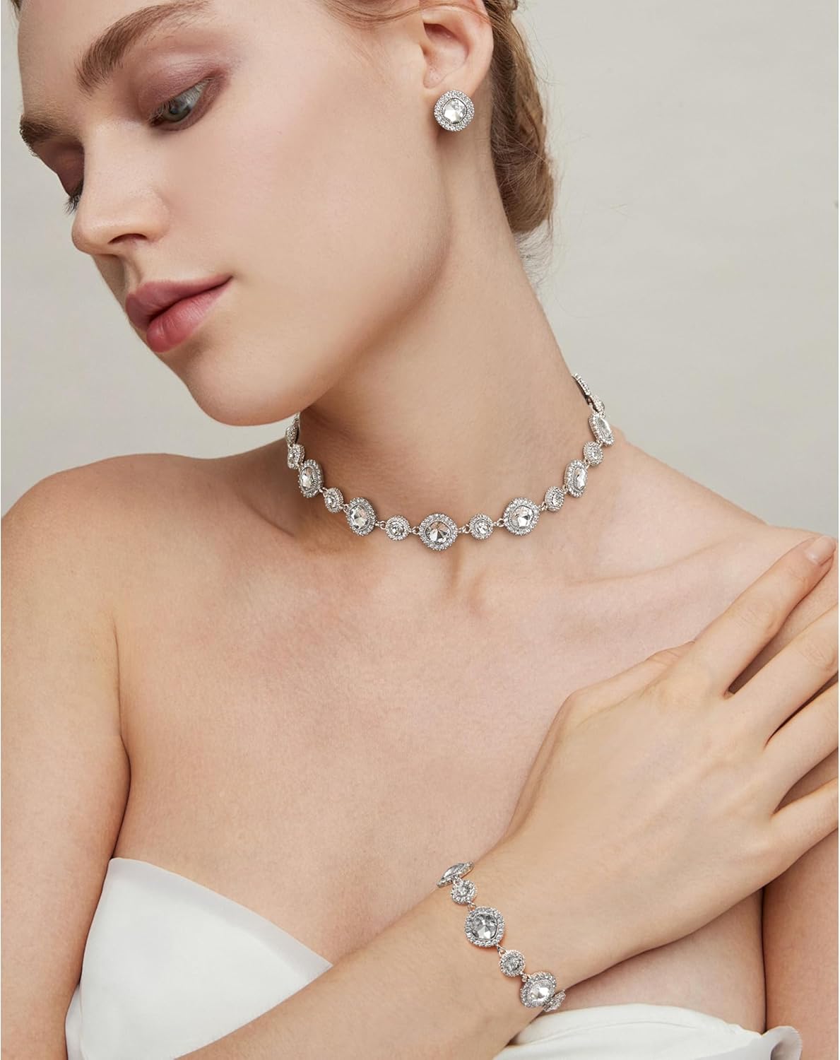 FANZE Crystal Jewelry Sets Gold and Silver Sparkly Rhinestone Necklace Bracelet and Earrings Set Formal Prom Bridal Wedding Costume Accessory for Women