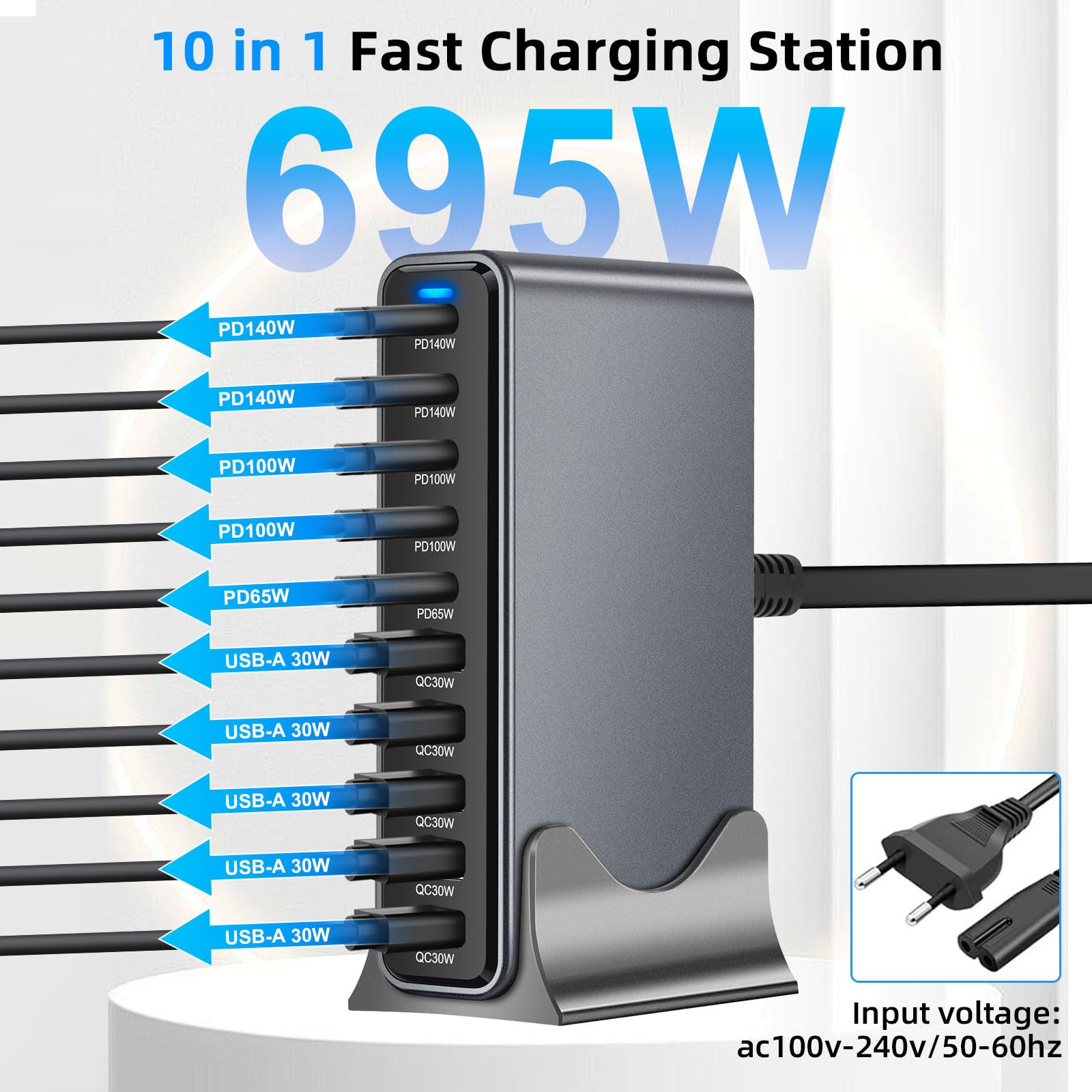 ARCELI Chargeur USB C 695 W 10 ports, GaN III, chargeur USB C avec 5 ports USB-C PD + 5 ports USB-A QC4.0, chargeur rapide pour téléphone 16/15/14 Pro Max, Samsung Galaxy, MacBook, Pad, ordinateur