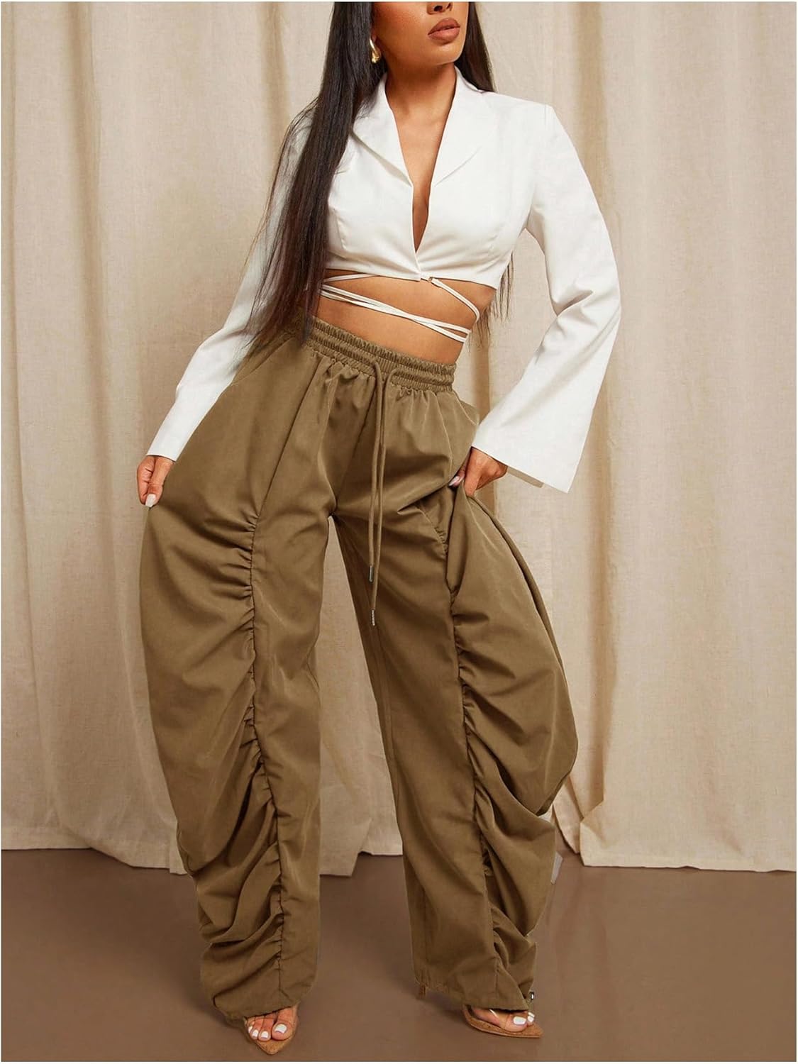 WDIRARA Women's Ruched Baggy Parachute Pants Drawstring Elastic Waist Pants Joggers - Image 2