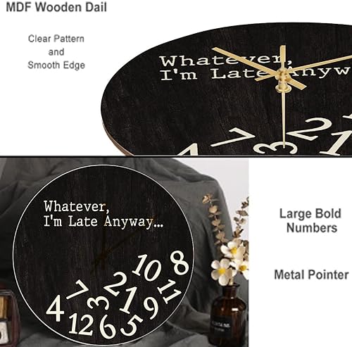 Miniatura 5 de Reloj de pared con texto en inglés "I'm Late Anyway", reloj de pared negro, funciona con pilas, reloj de pared sin tictac de 15 pulgadas, con texto