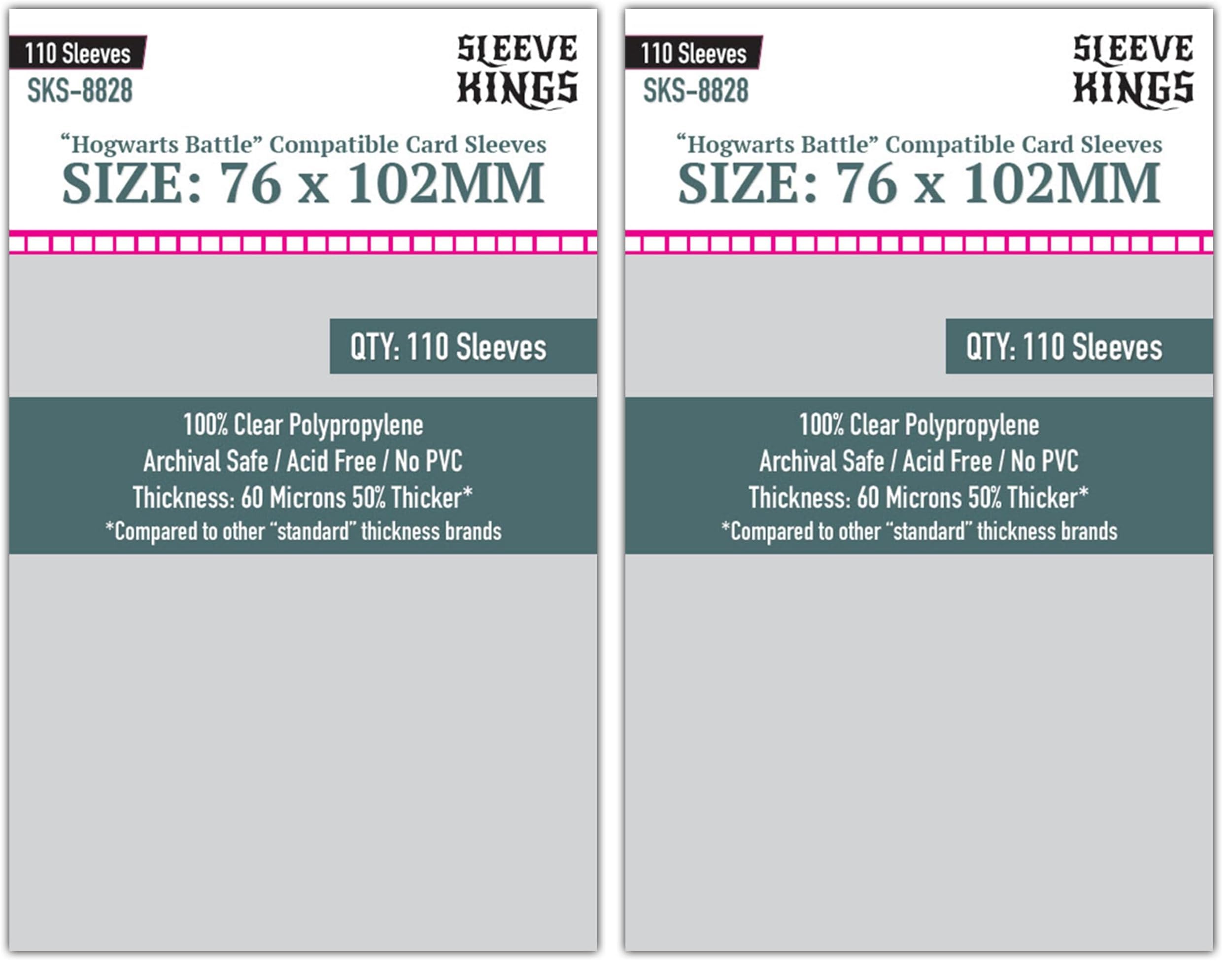 Sleeve Kings Standard Card Sleeves – 110 Count, Clear 60 Micron Thickness, Large Size (76 x 102 mm), Compatible with Hogwarts Battle &amp; More – SKU: SKS-8828 (Pack of 2)