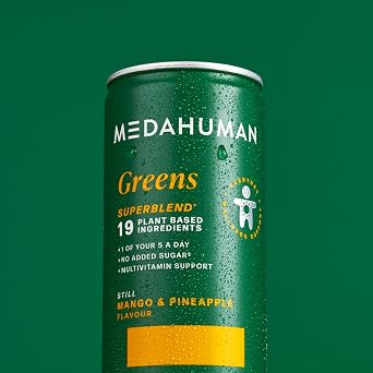 MEDAHUMAN Greens Mango & Pineapple Superblend Drink, 12 x 250ml Cans