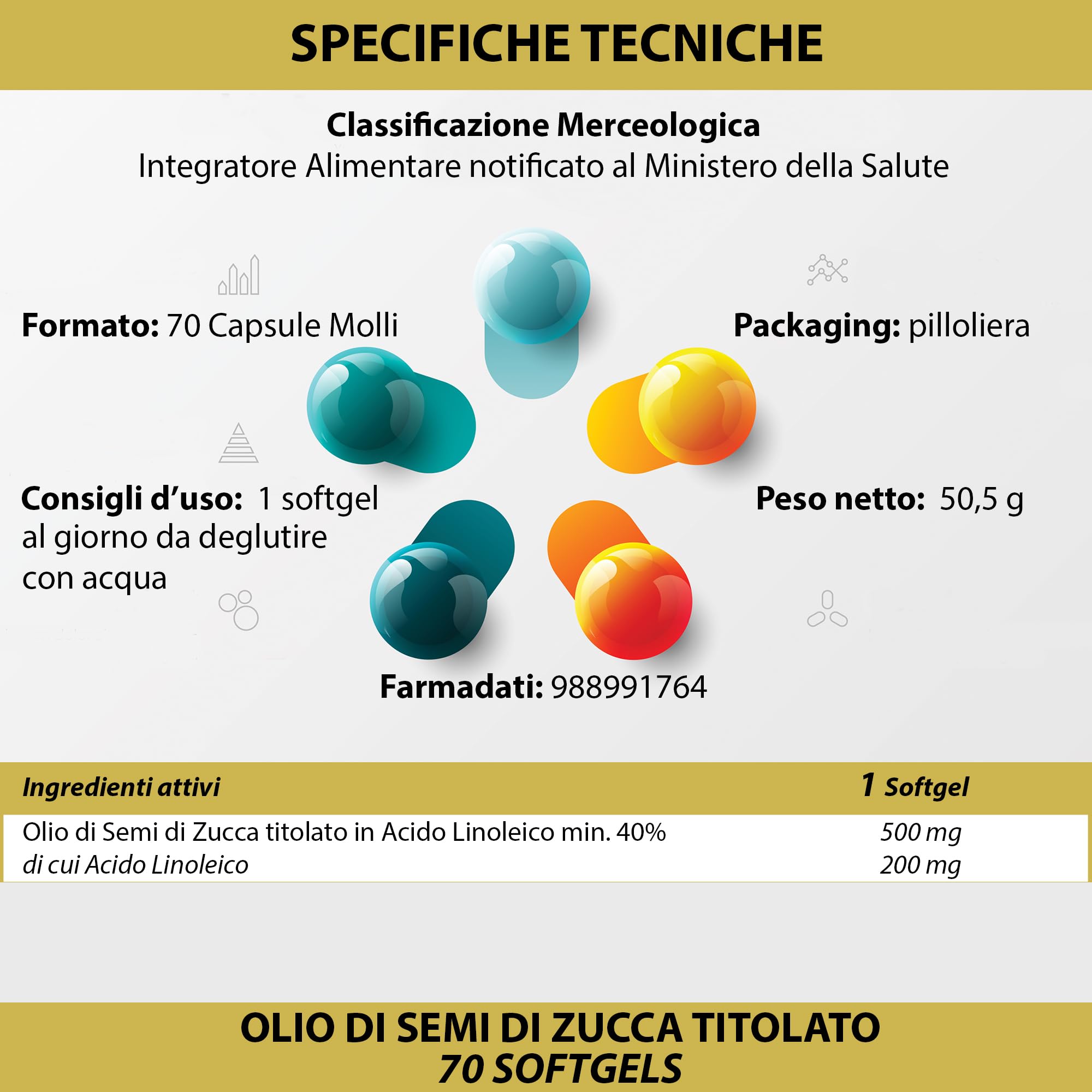 Semi di Zucca 280 Softgels | Perle con Olio Spremuto a Freddo titolato in Omega 3 Omega 6 e Omega 9, Acido Linoleico e Acido Oleico | 1 Softgel al giorno