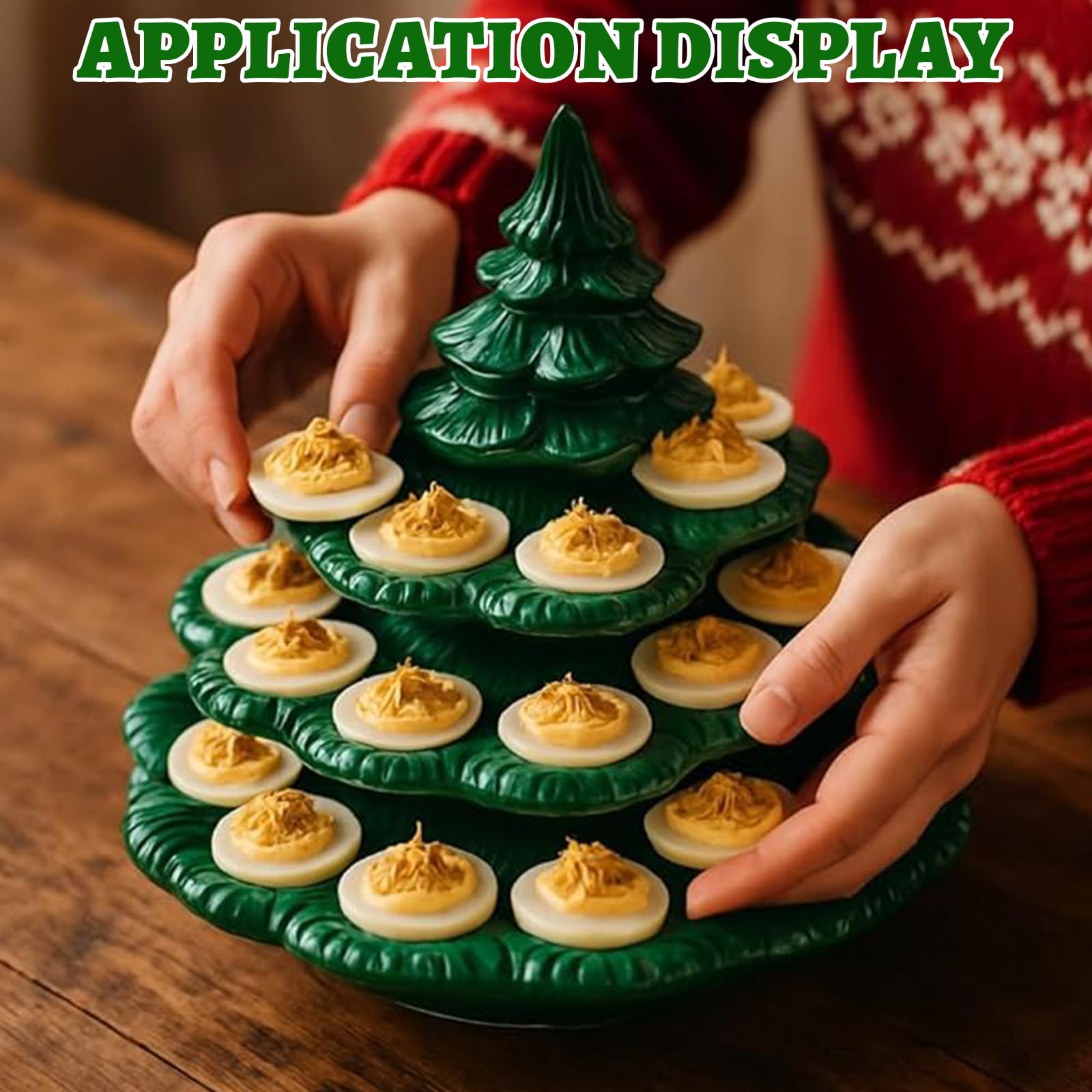 Bandeja reutilizable para huevos con tapa para árbol de Navidad, bandeja ovalada apilable para fiestas, soporte decorativo verde con forma de planta para reuniones festivas