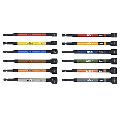 Wiha Juego de tuercas magnéticas, 12 piezas SAE y métrico, destornillador de tuerca con clasificación de impacto, codificado por colores,