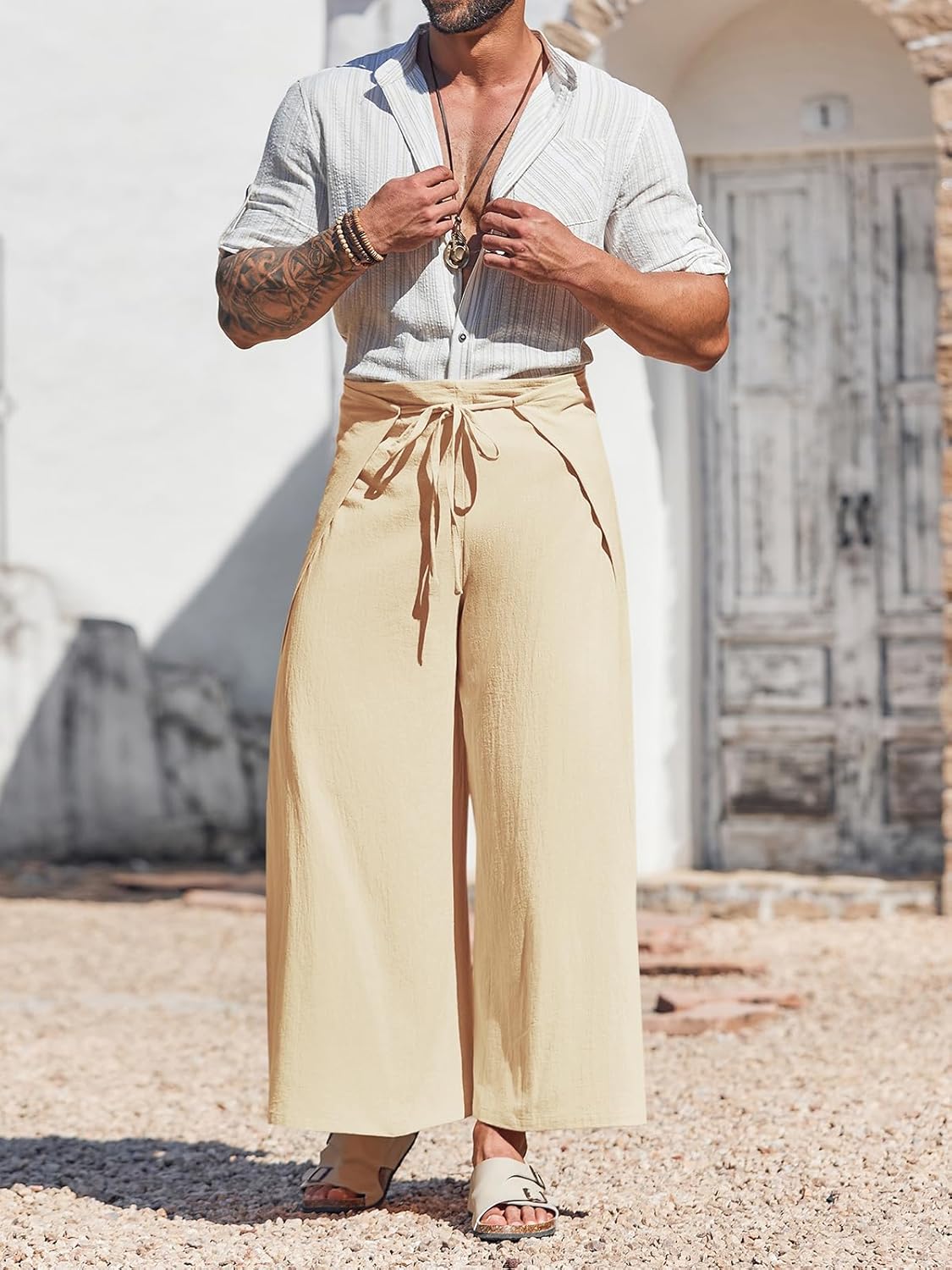 Runcati Mens Linen Wrap Pants Thai Fisherman Yoga Beach Hippie Lightweight Loose Fit Pants - Image 5