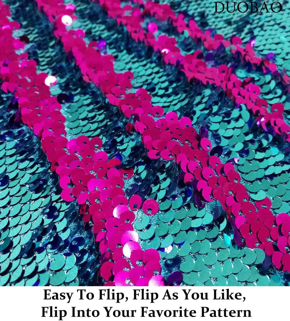 DUOBAO Sparkly Sequins Table Runner - Reversible Two-Tone Turquoise to Fuchsia Gradient Fabric for Holiday Wedding Party Table Decor, 2 Yards (6 Ft) Mermaid Design, Non-Waterproof Decorative Accent