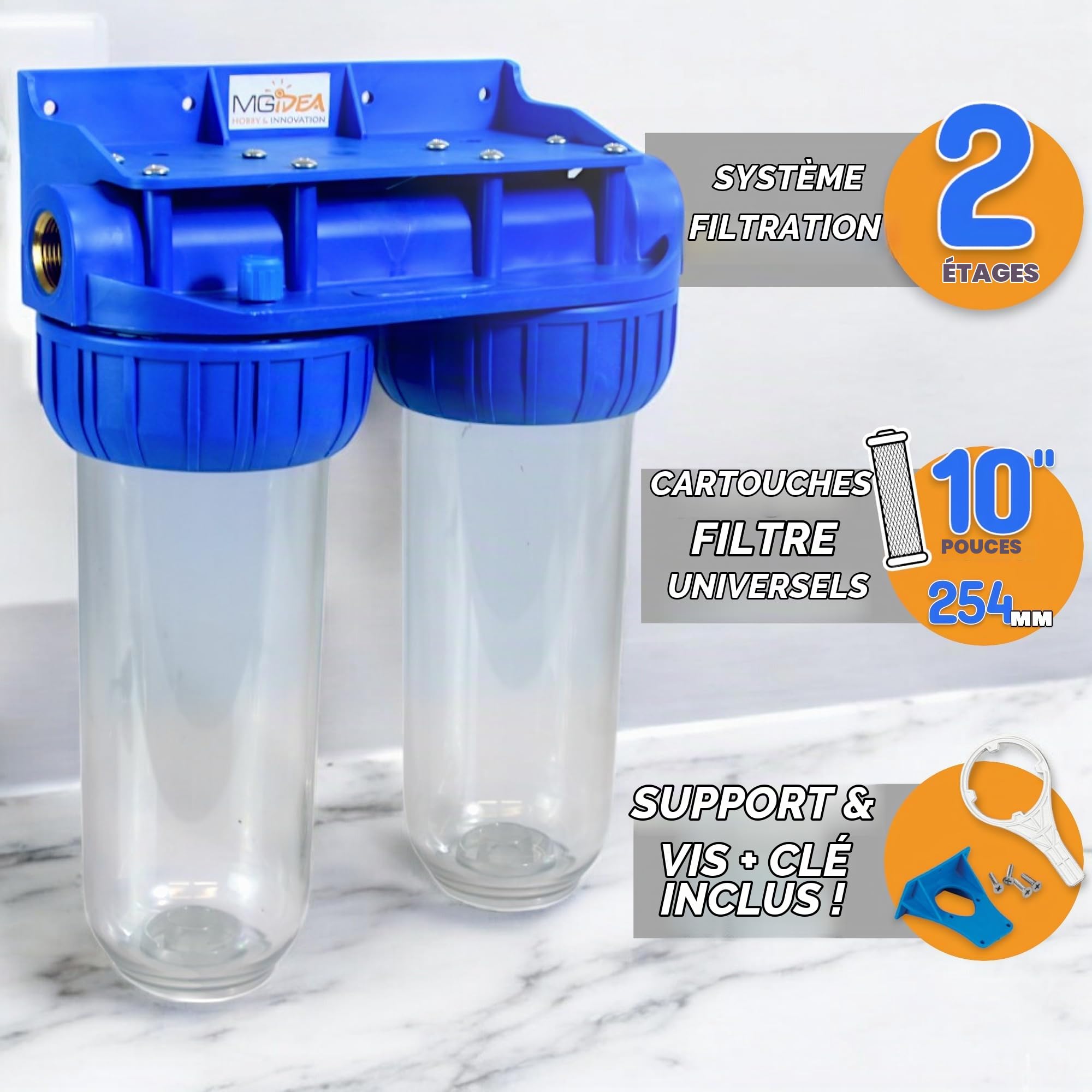 Système porte-filtre pour eau, bol de filtre de 254 mm (10"), transparent (2^ ÉTAPES - 1/2")