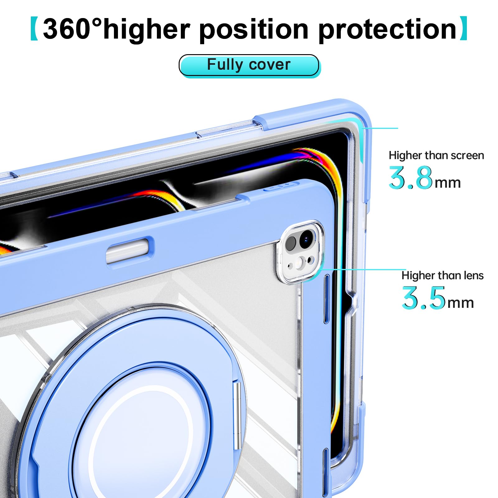 Custodia in silicone resistente per tablet iPad Pro 11" 2024, custodia antiurto Crystal Armor Series con portamatite, supporto girevole in titanio con anello grande da appendere