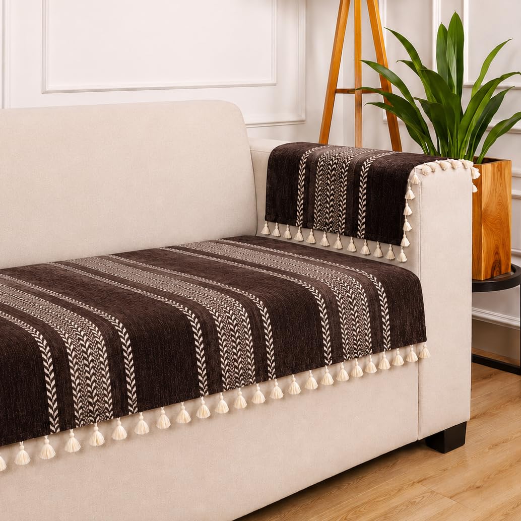 STITCHNEST Chenille Printed Sofa Cover 2 Seater with 2 Hand Rest Covers – Washable Brown Sofa Cover with Tassels – Durable Premium Fabric – Stylish Sofa Protector for Living Room & Furniture Decor