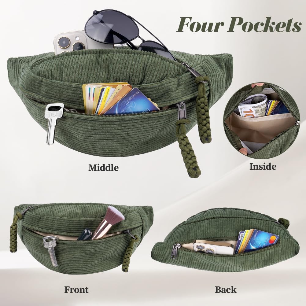 GoPaw buiktas voor dames, corduroy heuptas, crossbody bag vrouwen, kleine buiktas voor outdoor, sport, reizen, hardlopen, school, groen (malachiet), 33 x 16 x 9 cm