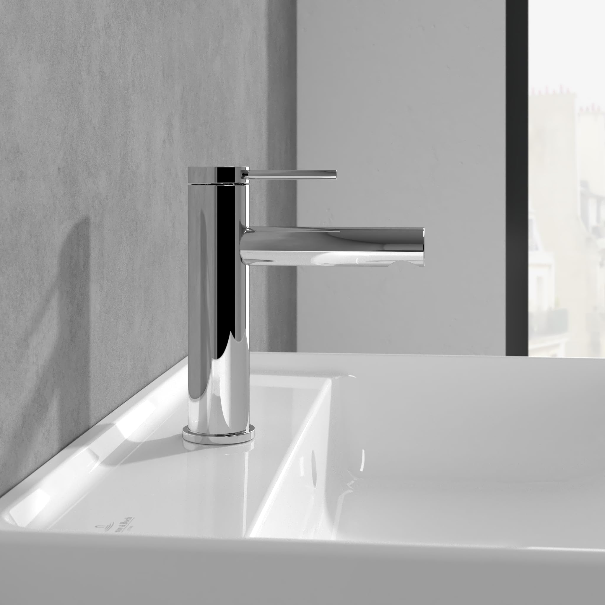 Mezclador de lavabo Villeroy & Boch Loop & Friends, sin tapón, grifo de baño con cartucho cerámico, grifo de lavabo ahorrador de agua, altura de pico 106 mm, redondo, cromado