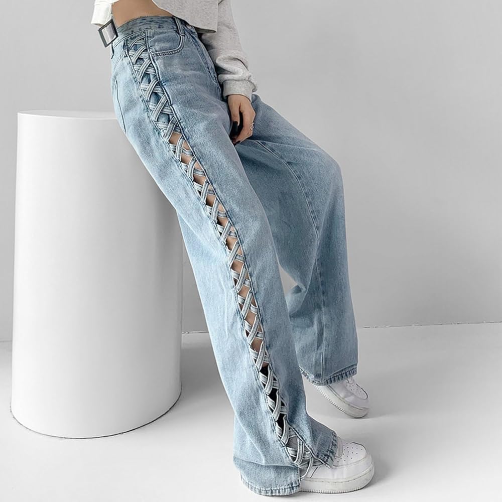 Anybird Womens Jeans Side Braided Cutouts High Waisted Baggy