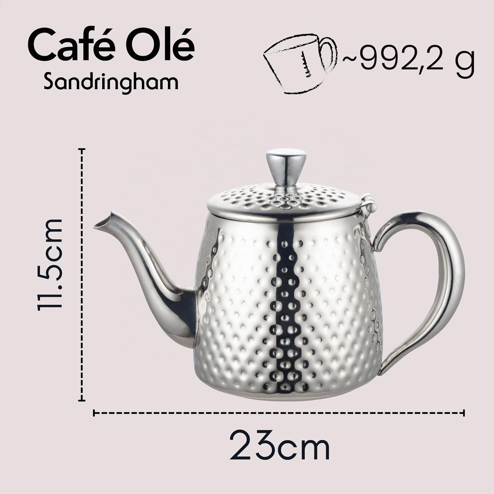 Café Olé Sandringham Théière avec effet martelé en acier inoxydable 18/10 – fini miroir, argent, 35oz, 1.0L
