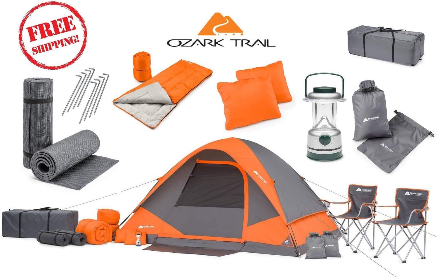 OZARK Trail Family Cabin Tent (Gray/Orange, 4 Person (22 Piece Combo Set))
