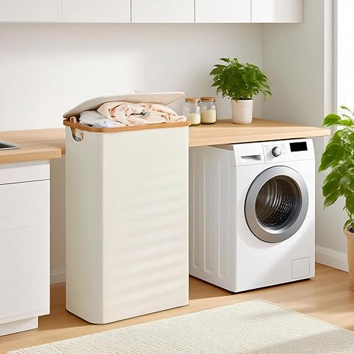Miniatura 6 de efluky Laundry Basket with Lid and Removable Bag, 100L Tall Laundry Hamper with Bamboo Handles, Aesthetic Dirty Clothes Bin for Laundry Room, Beige