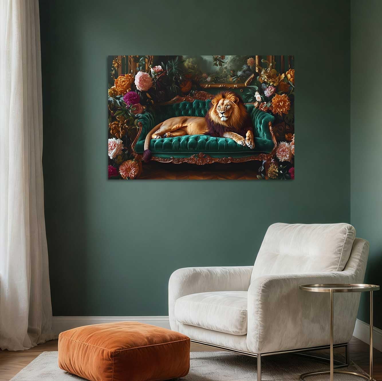 YMXDYMJSW Lion Canvas Wall Art Lion Lying On Vintage Sofa Pictures Print Emerald Green Maximalist Painting Jungle Animal Poster Bedroom Bathroom Decor (Brown, (20L x 30W))