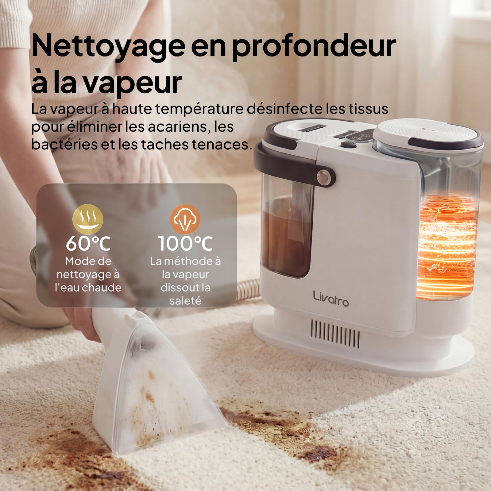 Livatro Shampouineuse Canapé, 1700W Nettoyeur Canapé Tissu, 15KPa Nettoyeur Vapeur Pour Canapé, Double Réservoir 1,6 L + 1,2 L, Fonction Autonettoyante,Injecteur Extracteur Pour Canape,Tissus,Voiture