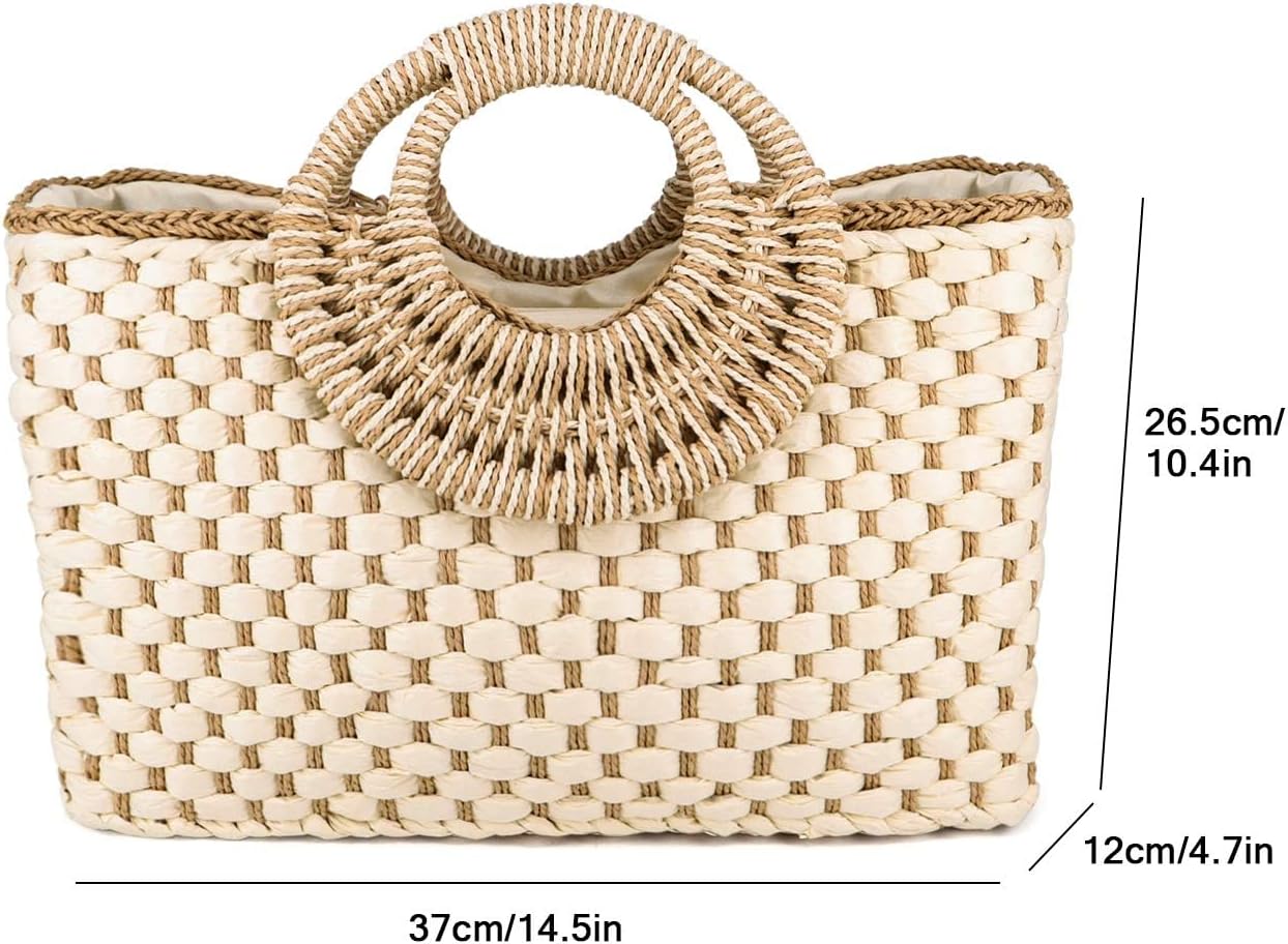 Women Summer Retro Straw Bag with Zip Hand-woven Beach Handbag Top Round Handle Boho Tote Bag Shopping and Travel Large Bag (Beige 2) - Image 4