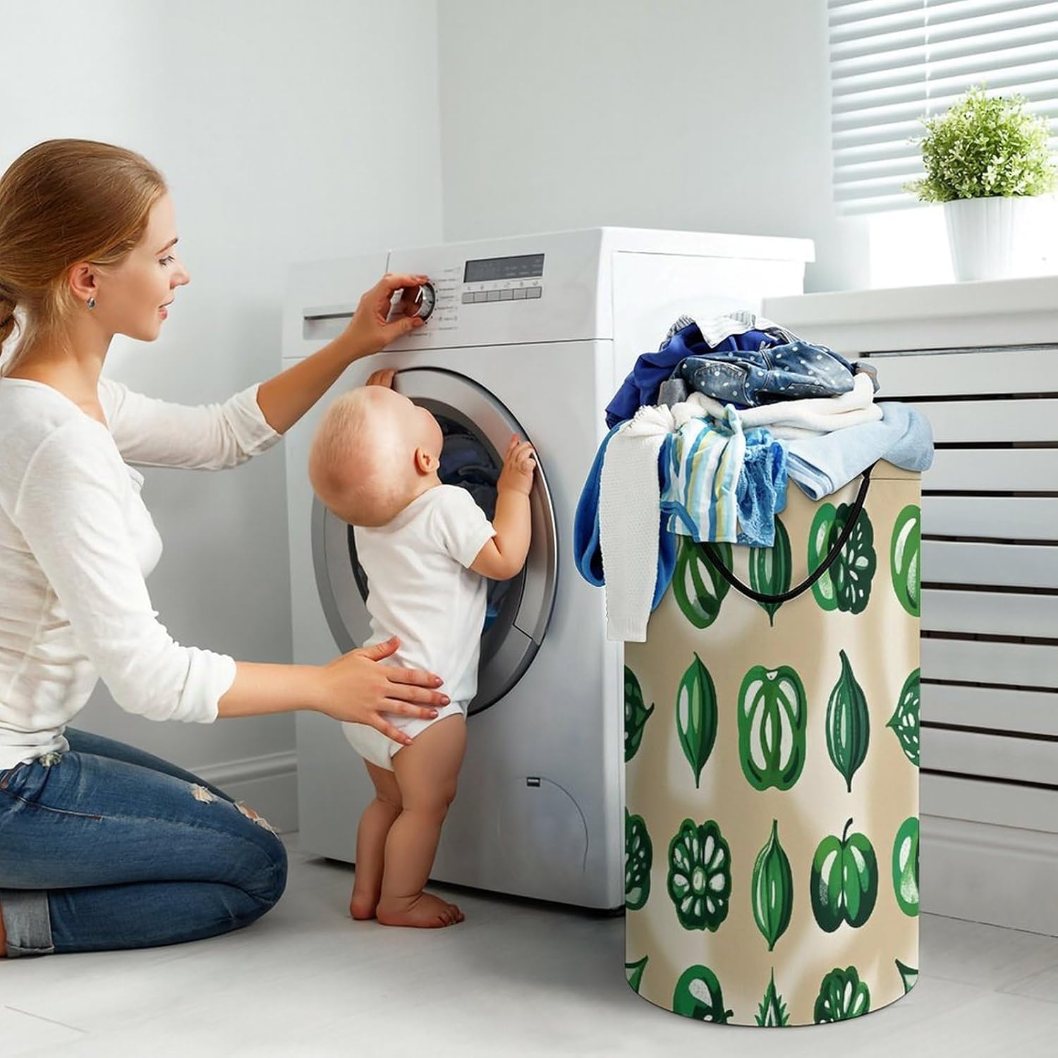 Green Pattern Laundry Hamper Large Collapsible Laundry Basket with Handles Waterproof Clothes Hamper Portable Dirty Clothes Basket for Bedroom Laundry Room Closet Bathroom