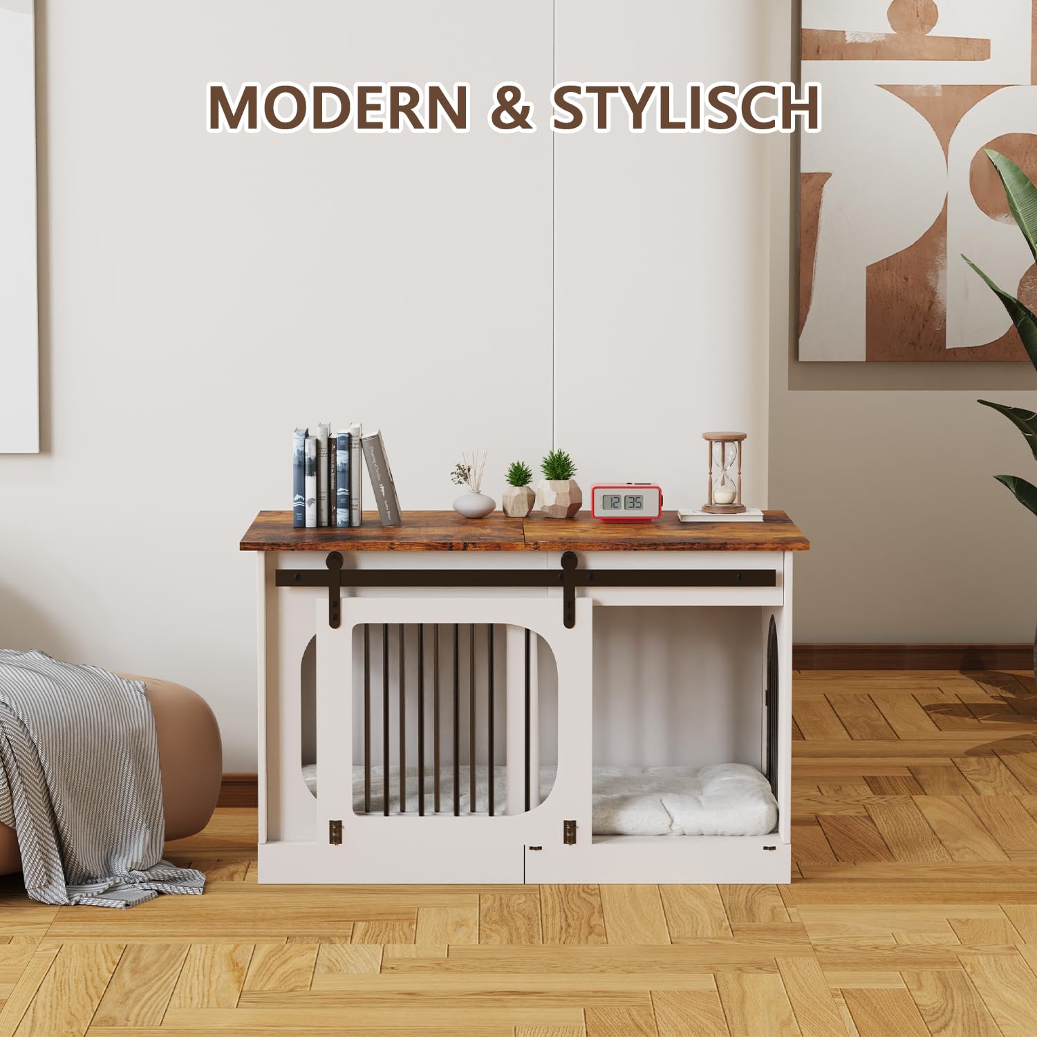 Hundebox für Zuhause 100cm, XL Hundekäfig Möbel mit 3 Schiebetüren & Hundematte, Moderne Hundehütte Holz für Kleine Mittlere Große Hunde, 100x60x69cm, Weiß & Braun