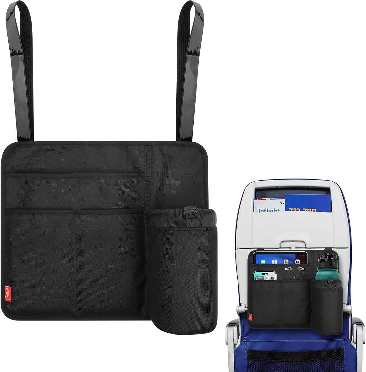 Airplane Seat Back Organizer & Storage, Airplane Tray Table Cover for Personal Items, Airline Seat Hanging Pockets Media Pouch,Reusable Travel Essentials,Fits Tablets,Cell Phone,Water Bottle (Black)