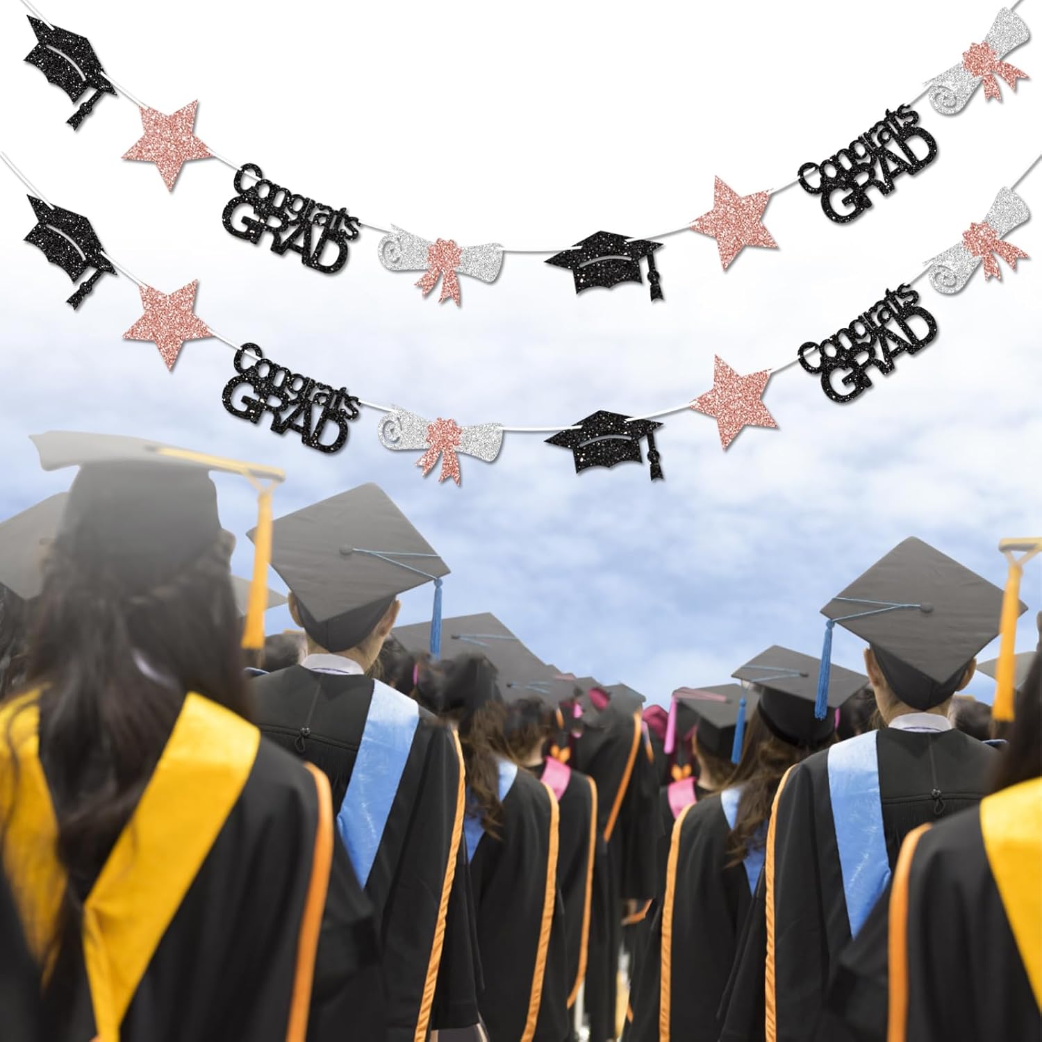 Black and Rose Gold Congrats Grad Banner Graduation Decorations Class of 2026 Glitter Star Grad Cap Certificate Bunting Garland for Graduation Party Supplies - Image 5