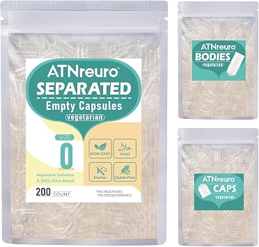 Vegan Separated Empty Capsules Size 0 200 Count, Veggie Premium Empty Pill Capsules for DIY Supplement Filling
