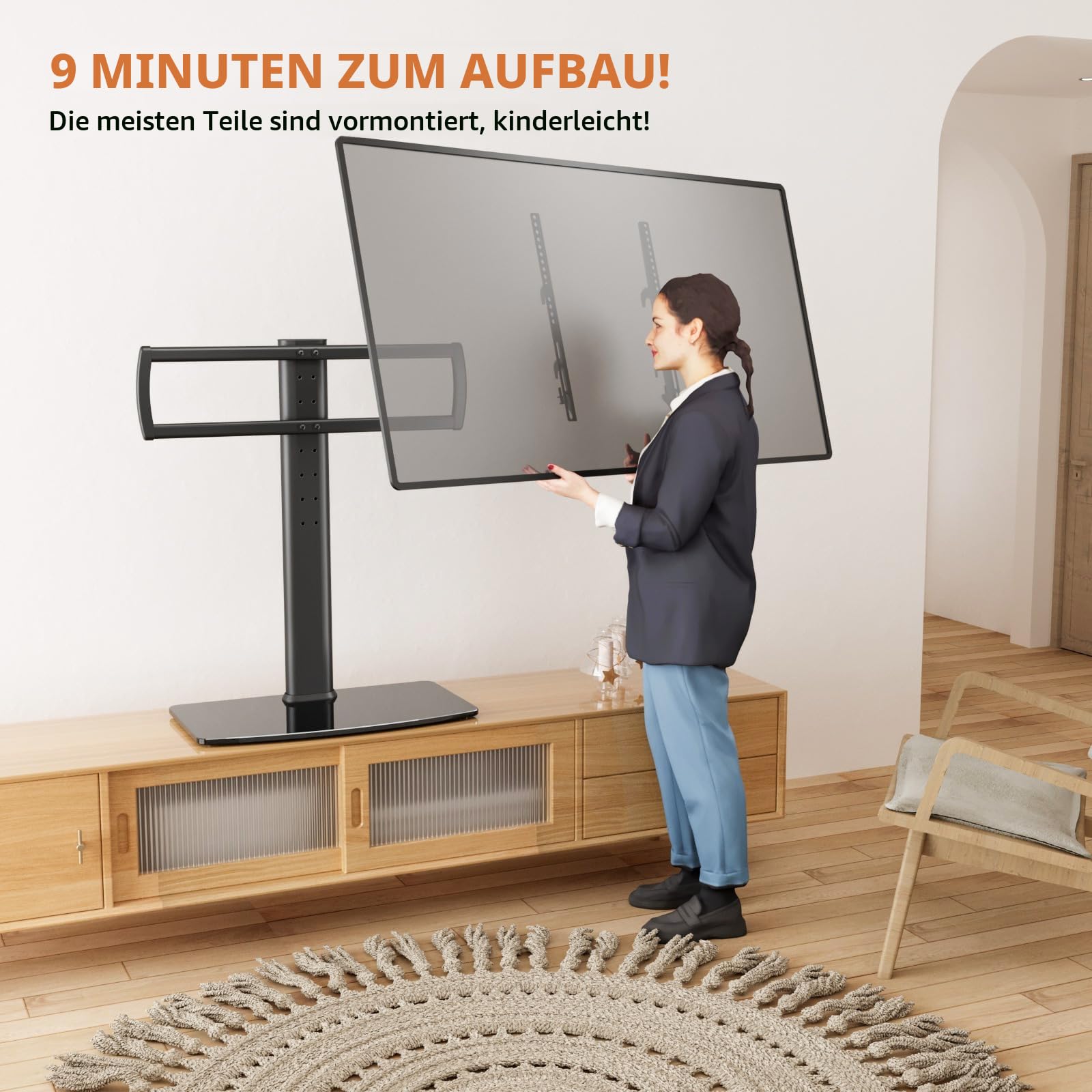 TV Standfuß Universal Höhenverstellbar Ständer Halterung Fernsehständer 40''-86'' LCD LED Flachbildfernseher Ständer Glas Aufsatz VESA 600x400mm Tischständer/Schwarz