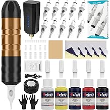 Cordless Tattoo Gun Kit, Solong Rechargeable Wireless Tattoo Machine with Cartridge Needles, Inks,Transfer Paper,Practice Skin Complete Tattoo Set for Beginners SL-TKP203A-9