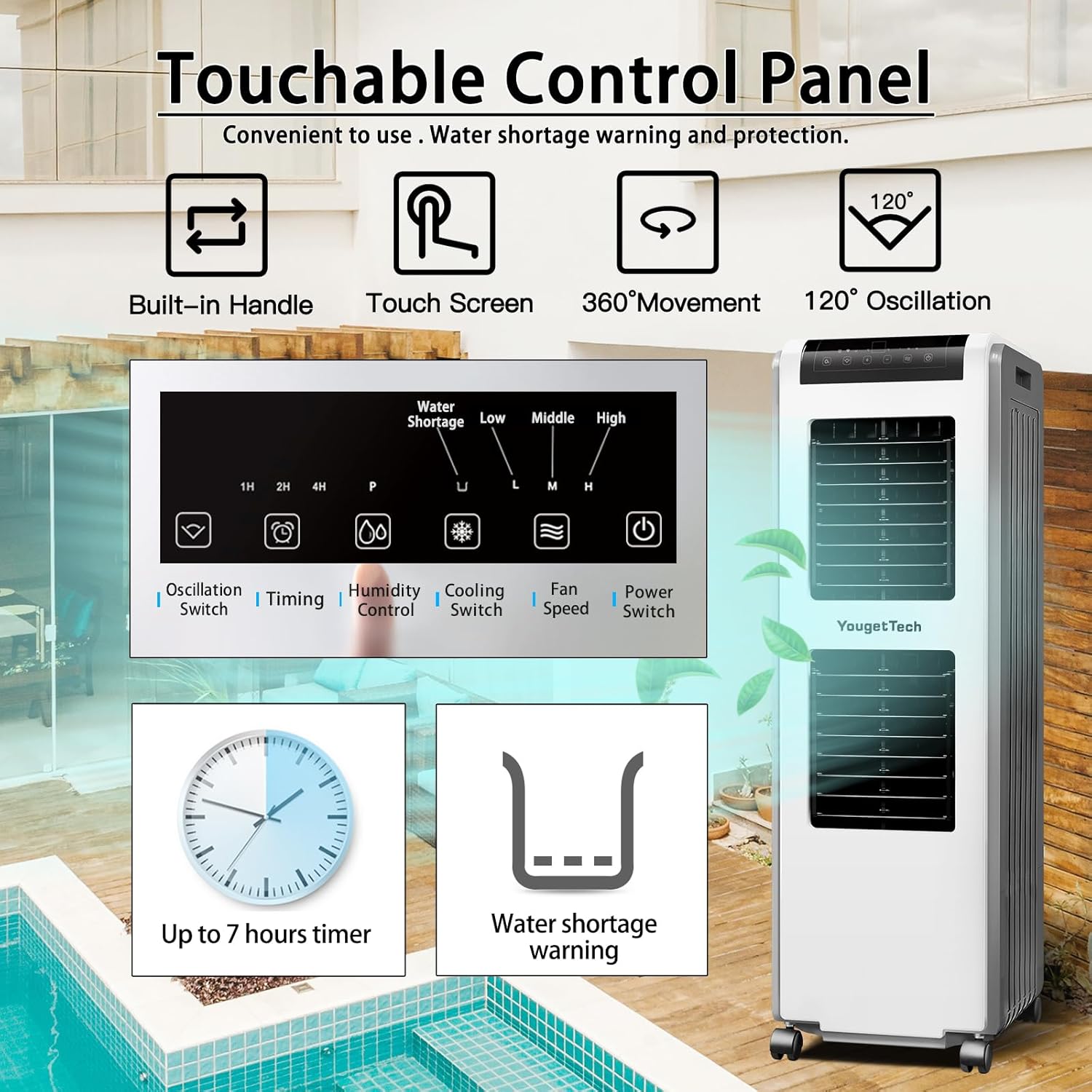 Touch control panel with icons for oscillation, timing, humidity control, cooling switch, fan speed, and power switch.