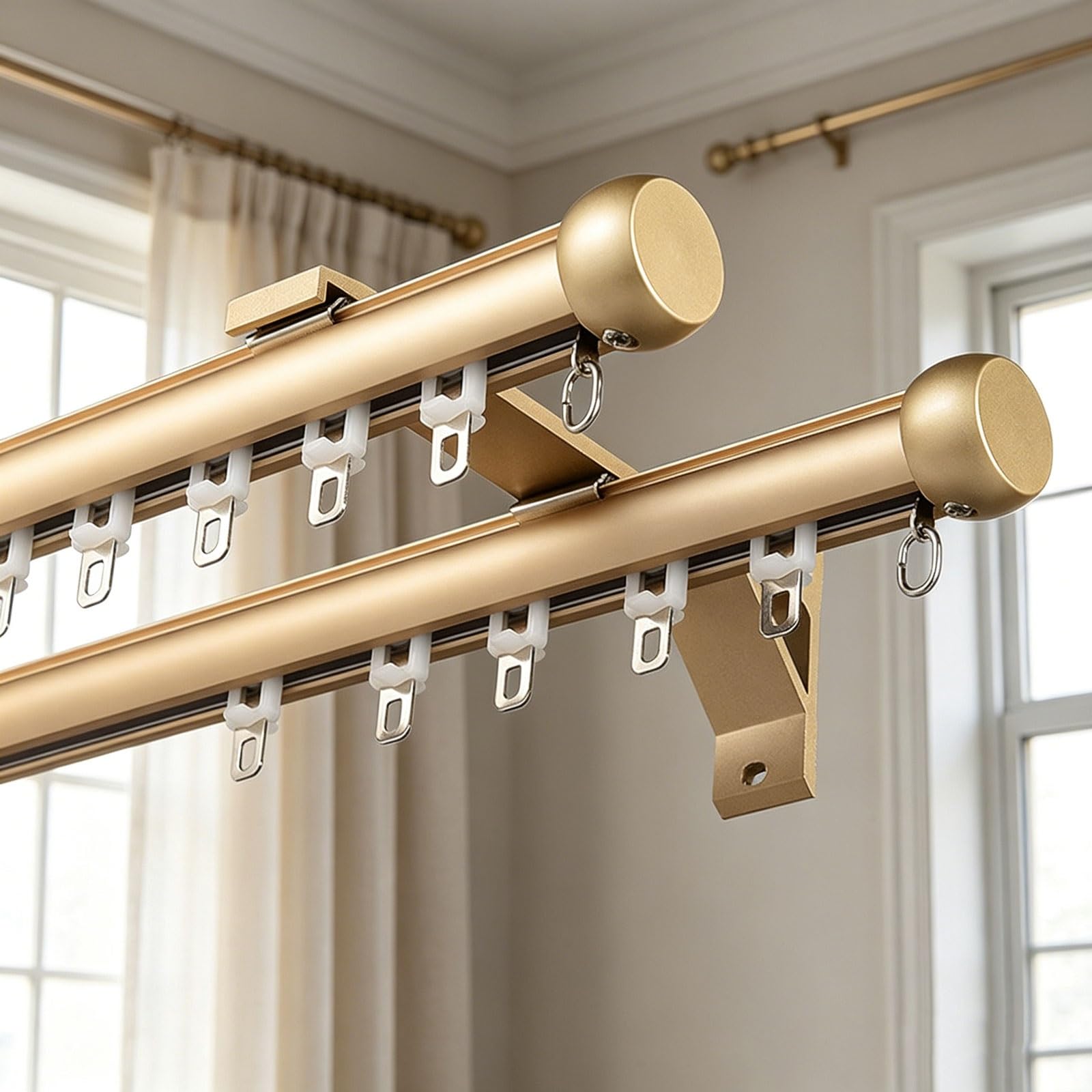 Double Silent Curtain Track Wall Mount Room Divider Heavy Duty ouble Curtain Rod with Mute Rollers Easy Install for Bedroom Living Room Kitchen Office(Gold,2.8m/9.2ft)