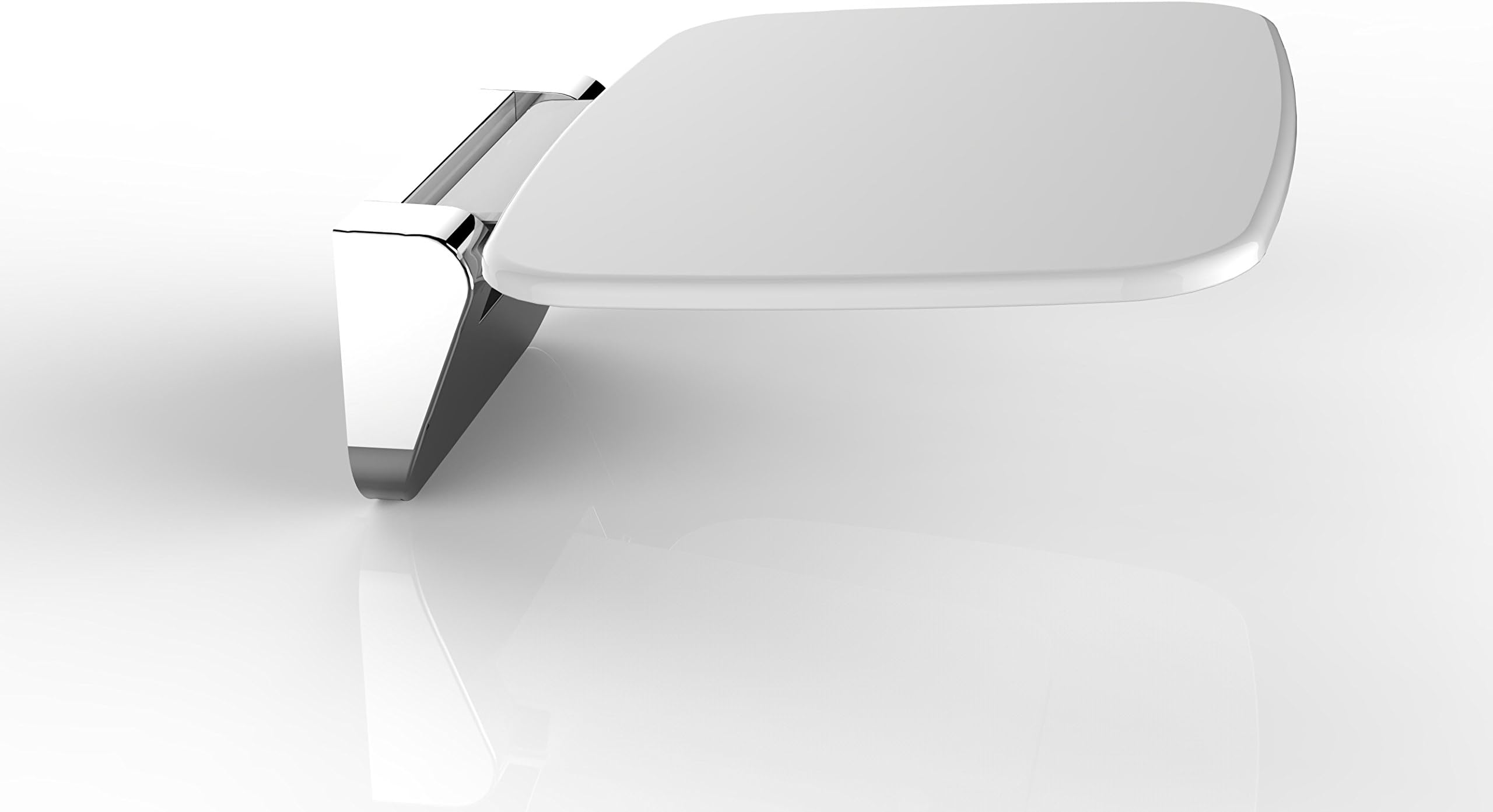 Folding shower seat in chrome white for wall mounting.