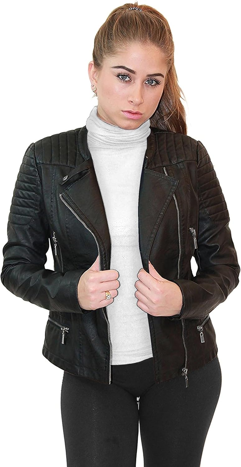 Olivia Miller Womens Faux Leather Zip Up Moto Biker Jacket