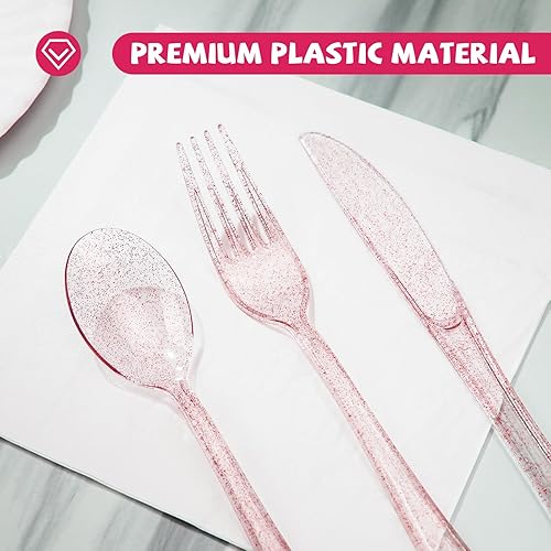 Miniatura 3 de Juego de cubiertos de plástico color oro rosa de 180 piezas, cubiertos desechables con purpurina, juego de cubiertos, 60 tenedores, 60 cucharas, 60