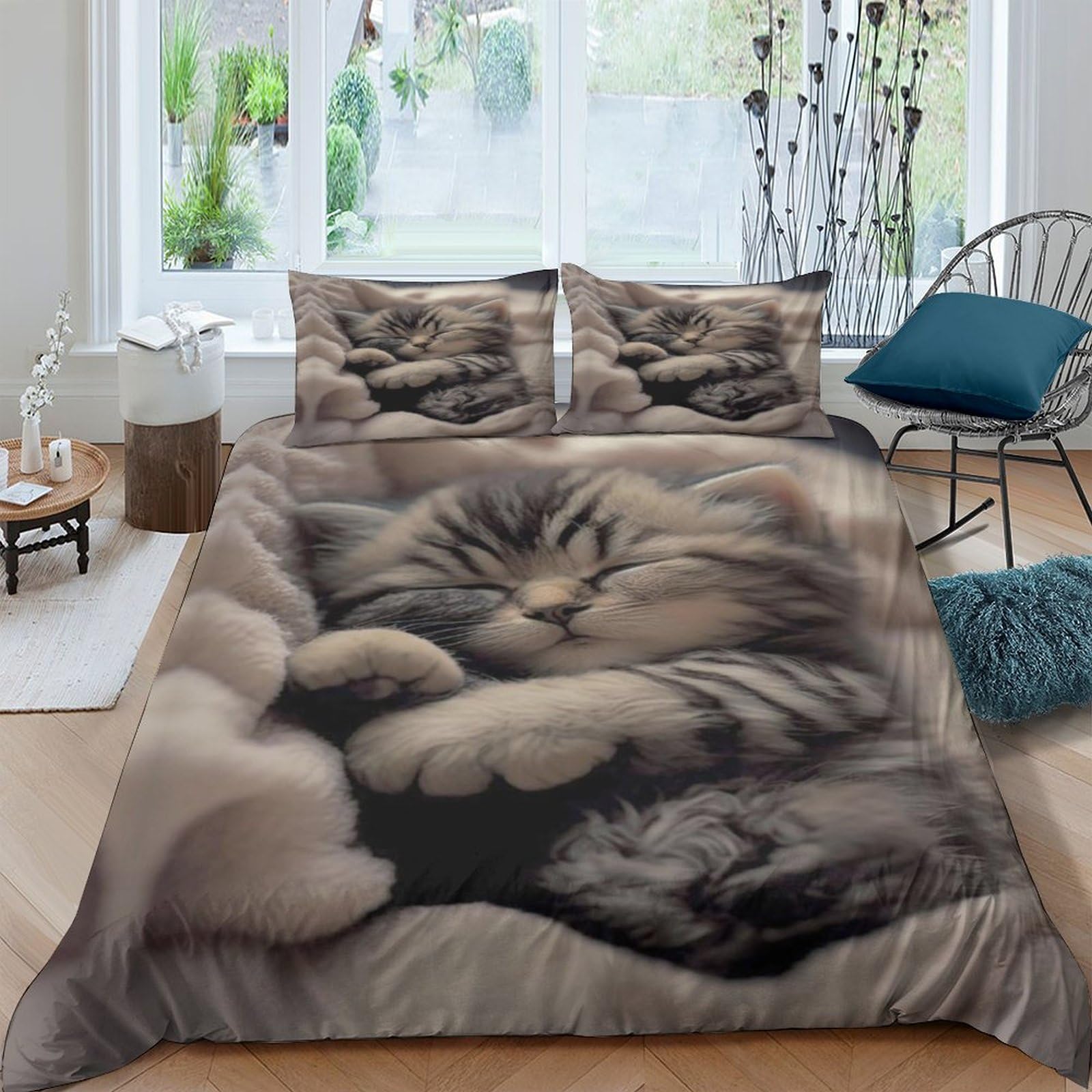 Housse de couette chaton souple pour lit double 200x200cm respirante et zippée pour lit enfant
