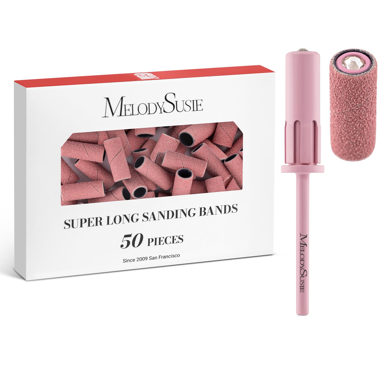 MelodySusie 50 Pcs Nail Drill Bits Super Long Sanding Bands with 6.65mm Crystal Mandrel Bit, 120 Medium Grit Nail File for Acrylic Nails Gel Manicures