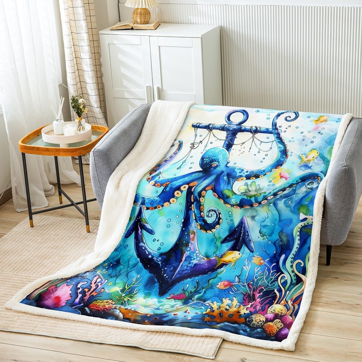 Nautical Anchor Fleece Blanket,Watercolor Blue Octopus Undersea Marine Life Bed Blanket for Kids Teens,Ocean Adventure Navigation Flannel Blanket for Room Decor,Queen 90"x90"