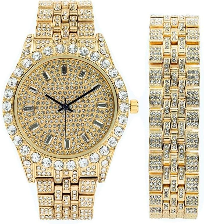 Iced Mens Single Watch or Watch w/Matching Rolly or Cuban Hip Hop Bracelet - Your Choice! - Big Rhinestones on Trim and Elegant Baguette Time Indicators on Dial - Master Bling Designer - ST10226B
