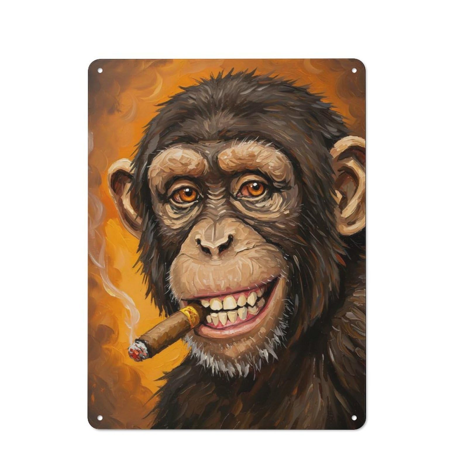 Junmoney Chimpanzee Smoking Cigar Painting Tin Sign 40X30cm With For Workshop Wall, Rustic Decor, Autumn Room Decor For Fans Of Metal Wall Signs